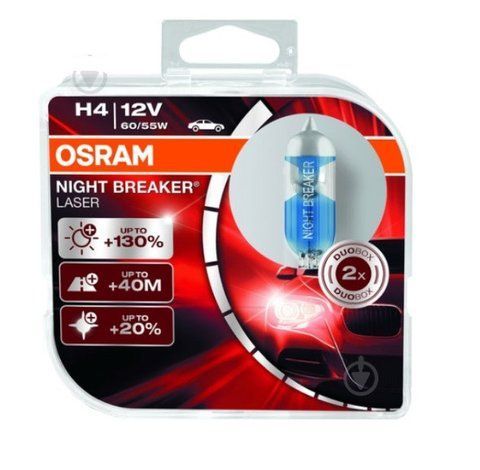 Лампы галогеновые Osram H4 12V 55/60W +130% Night Breaker Laser комплект 2 шт H4+130% фото