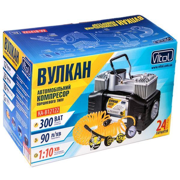 Автомобильный компрессор Вулкан КА-В12122, 300Вт, 90 л/мин, 10атм, фонарь KA-B12122 фото